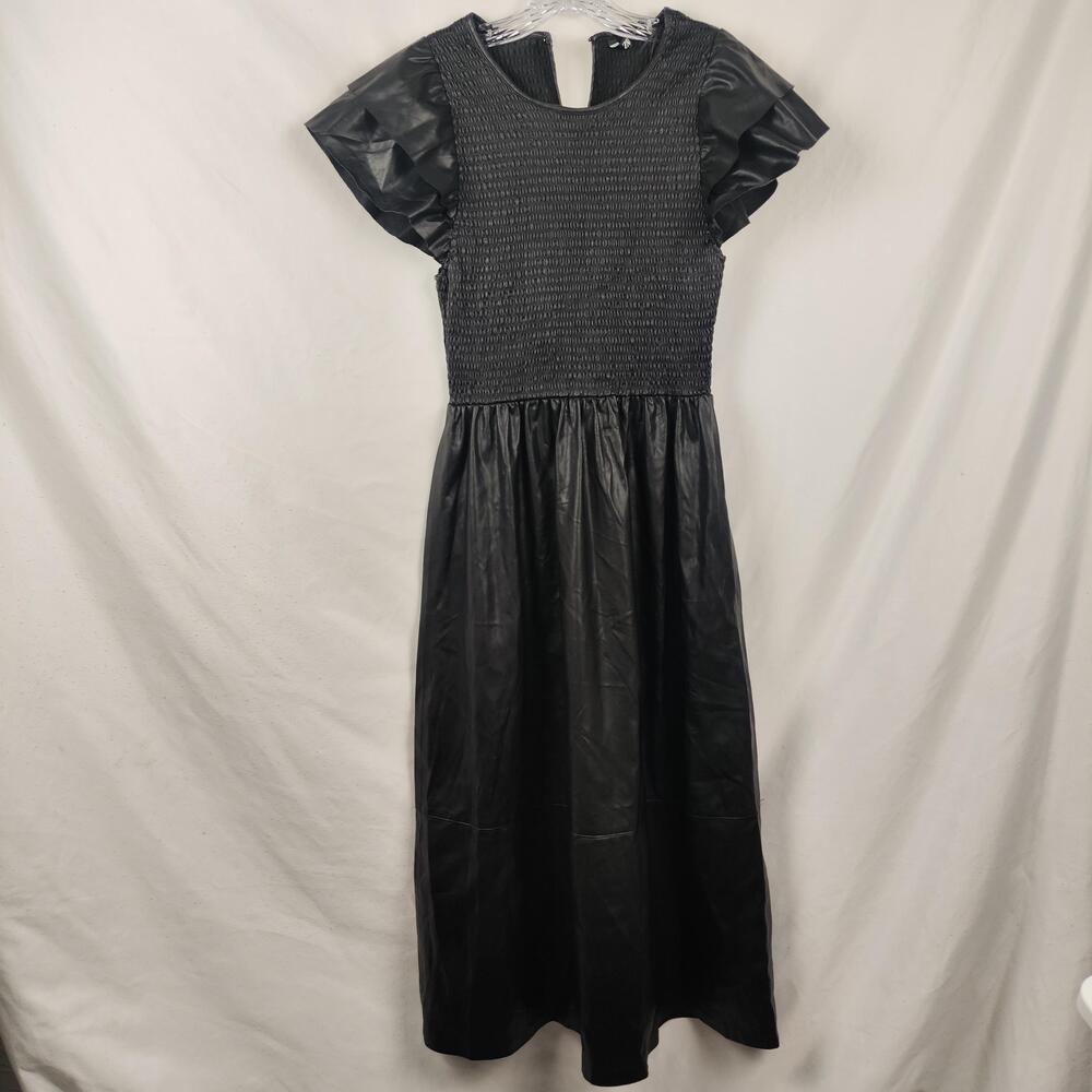 Zara Dress Womens Large Black Faux Leather Maxi Smocked Bodice Flutter Sleeve